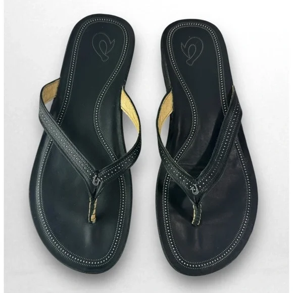 Olukai Ola Full Grain Leather Flip Flops Black Slides Women's Size 10 Sandals - Picture 14 of 14